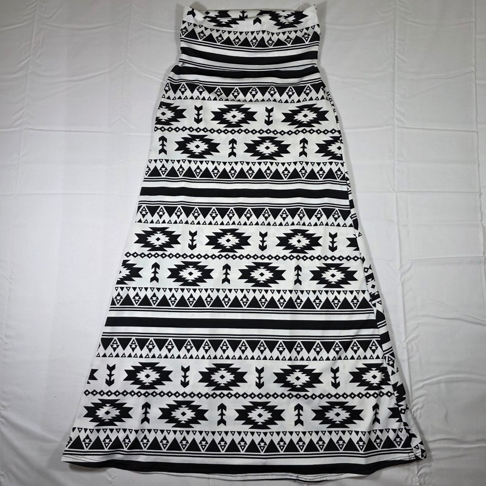 SoloLaFe Womens Tribal Geometric Maxi Skirt Black White Aztec Print L LF1015-15